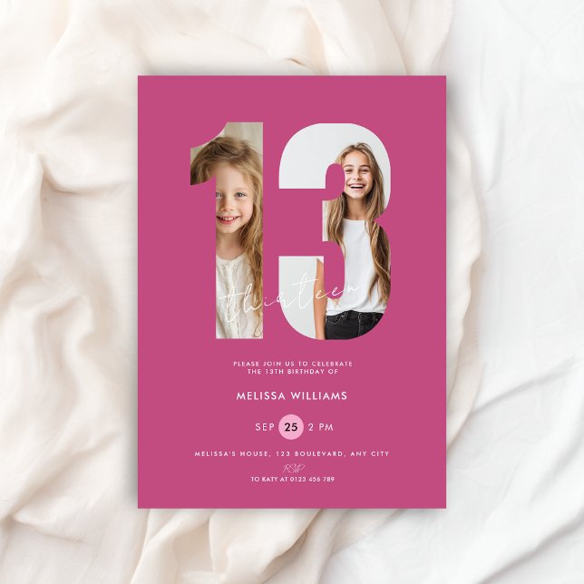 Anpassad Rosa Foto Flickor Nummer 13-årsdag Inbjudningar (13th birthday invitation with photo in pink color for girls)