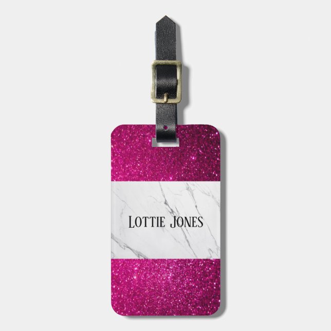 Anpassad rosa glitter vit marmor tryckt resväskemä bagagebricka (Vertikal Framsida)