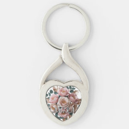 Anpassad Rosa Guld Blommig Monogram Hjärtnyckelrin Twisted Heart Silverfärgad Nyckelring