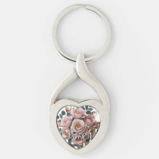 Anpassad Rosa Guld Blommig Monogram Hjärtnyckelrin Twisted Heart Silverfärgad Nyckelring