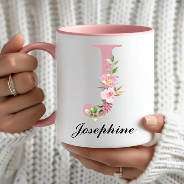 Anpassad rosa monogrammugga present för flickor oc mugg (Personalized Wildflowers Mug Graduation Gift for Her, Pink Initial Name Mug Thank You Gift for Her)