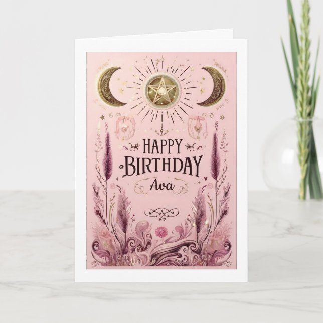 Anpassad Rosa och Guld Blommig Celestiel Födelseda Kort (Framsida)