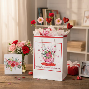 Anpassad rosa och röd blomkruka tekanna