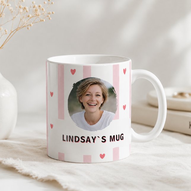 Anpassad Rosa Ränder Hjärtformad Namn Foto Kopp  (Custom Photo Name Mug Pink Stripes Heart)