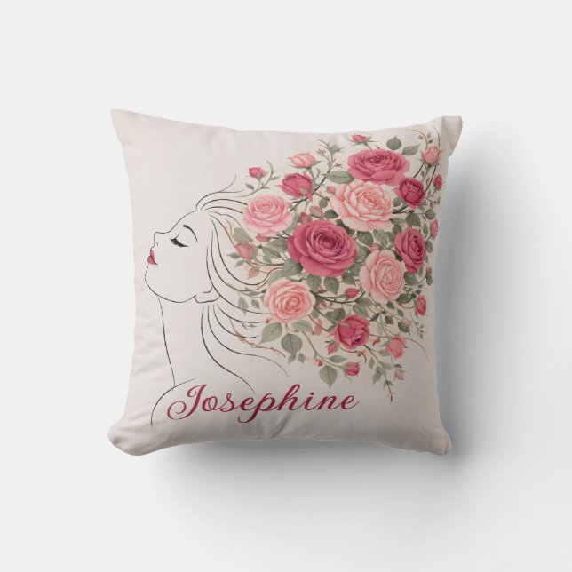 Anpassad Rosa Ros Blommig Frisyr Kvinna Elegant  Kudde (Framsida)