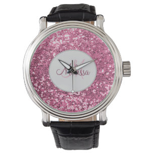 Anpassad Rosa Söt Glitter Monogram Namn Armbandsur