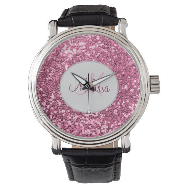 Anpassad  Rosa Söt Glitter Monogram Namn Armbandsur (Framsida)