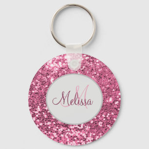 Anpassad Rosa Söt Glitter Monogram Namn Nyckelring