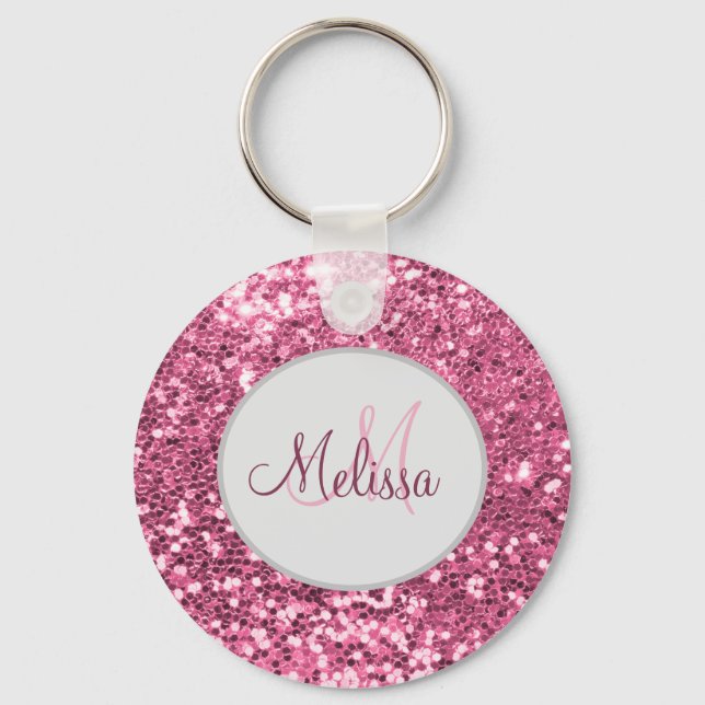 Anpassad  Rosa Söt Glitter Monogram Namn Nyckelring (Framsida)