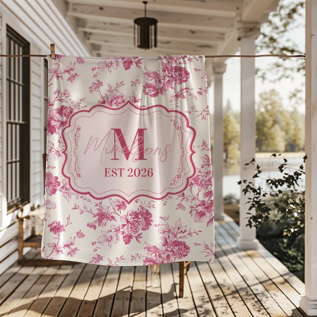 Anpassad Rosa Toile Blommig Monogram Fleecefilt (Skapare uppladdad)