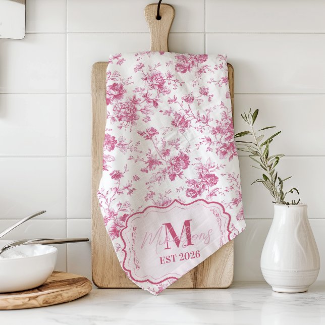 Anpassad rosa Toile- blommönogram Kökshandduk (Skapare uppladdad)