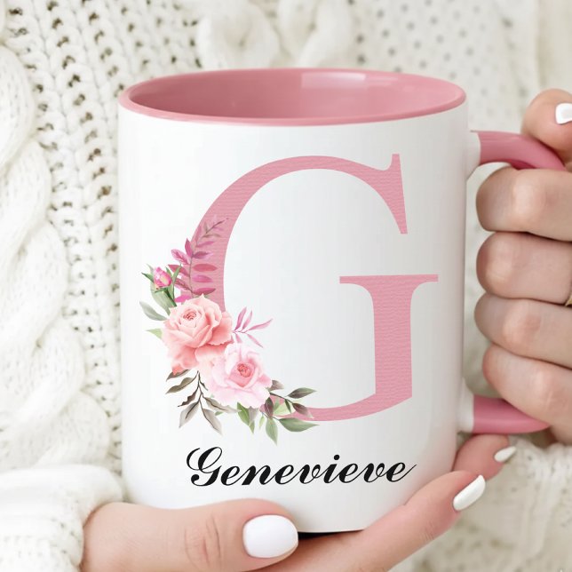 Anpassad Rosa Vildblomma Mugg Gåva till Brudtärnor (Personalized Pink Monogram Mug Mother’s Day Gift for Mom, Floral Initial Coffee Mug Gift for Grandma)