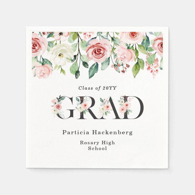 Anpassad Rosa & Vit Akvarell Blommig Examenfestiva Pappersservett (Framsidan)
