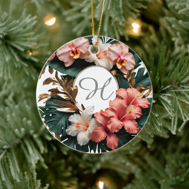 Anpassad Rose Gold Blommig Monogram Rund Minnessak Julgransprydnad Keramik (Träd)