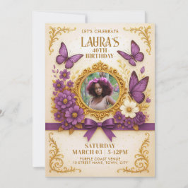 Anpassad Royal Gold Purple Fjäril Födelsedagsfest Inbjudningar