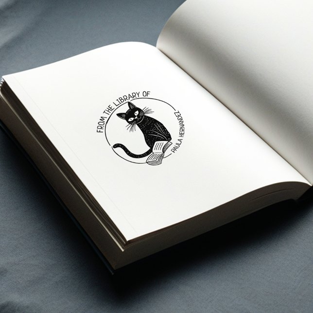 Anpassad Rund Bibliotek Katalogkort Katt Exlibris  Stämpel (Skapare uppladdad)