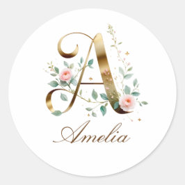 Anpassad rund dekal med guldbokstav A och blommor Runt Klistermärke