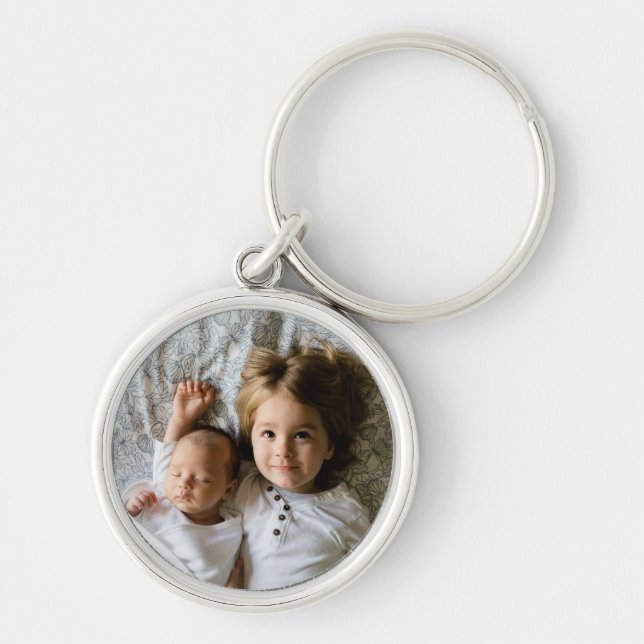 Anpassad rund metallcharm med foto rund silverfärgad nyckelring (Framsidan)