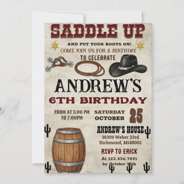Anpassad Rustik Cowboy Western Födelsedagsfest Inbjudningar (Framsida)