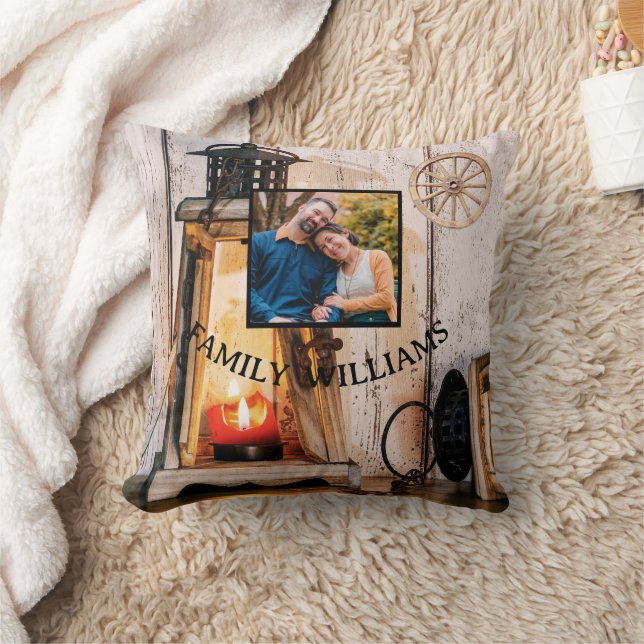 Anpassad Rustik Gårdshus Lykta Lampa Vintage Trä Kudde (Filt)