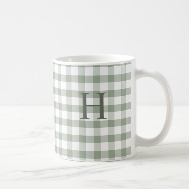Anpassad Sage Olivgrön Rutig Modern Monogram Kaffemugg (Höger)