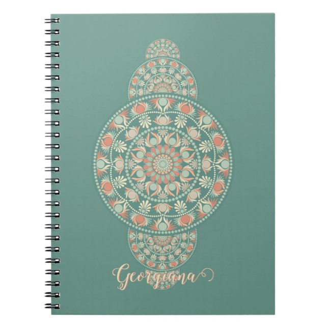 Anpassad Sage & Sand Retro Ornamental Mandala Anteckningsbok (Framsidan)