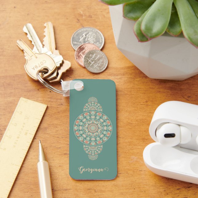 Anpassad Sage & Sand Retro Ornamental Mandala Nyckelring (Skrivbord)