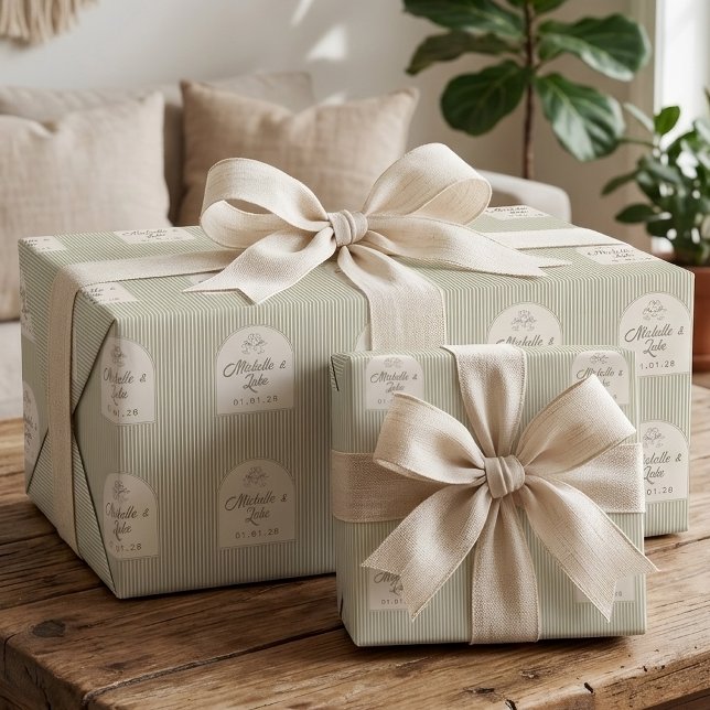 Anpassad Sagegrön Randig Brud och Brudgum Bröllop Presentpapper (wrapping paper Gift for Bridal Shower | Modern Wedding Custom wrapping paper Gift for Engagement )