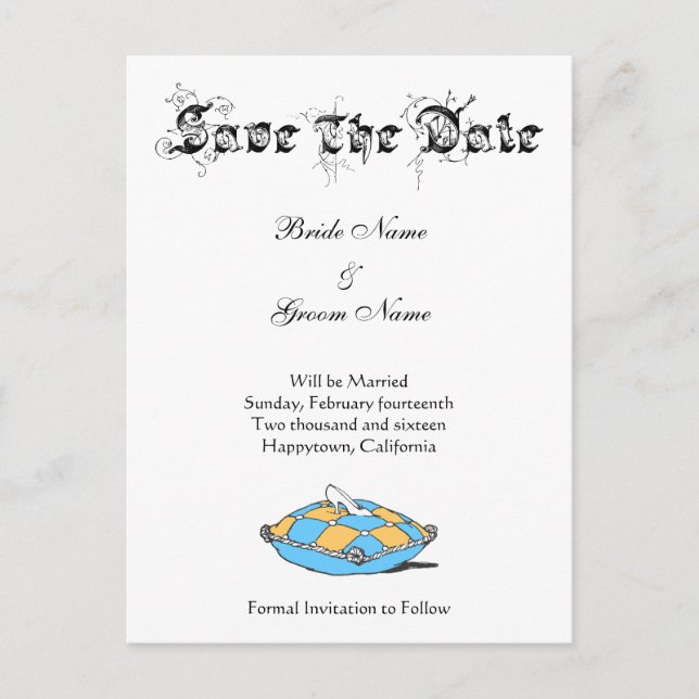 Anpassad Save the Date Askunge Cinderella på teal Meddelande Vykort (Framsida)