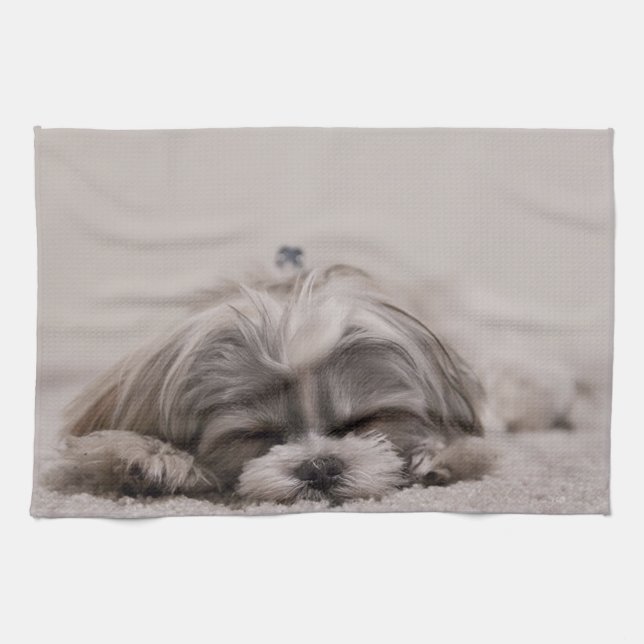 Anpassad Shih tzu Kitchen Towel, Sleeping Hund Kökshandduk (Horisontell)