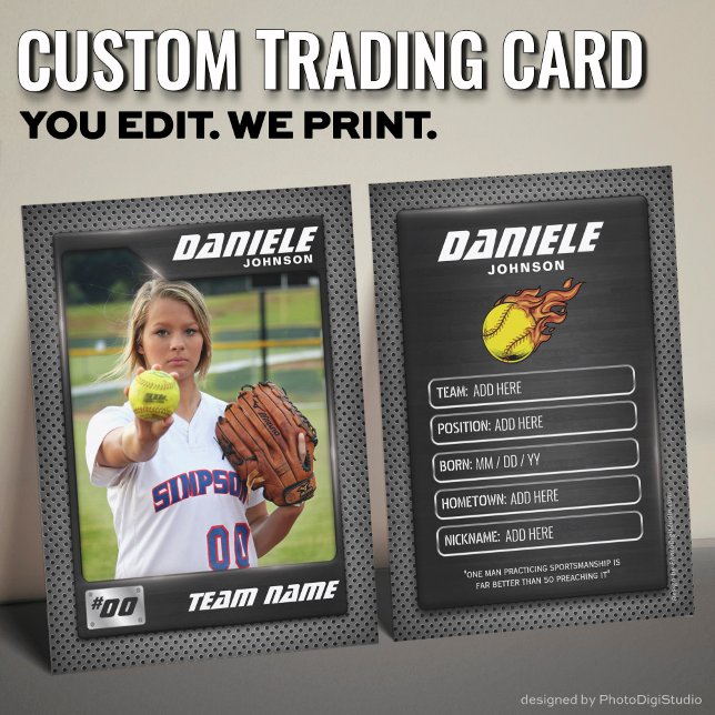 Anpassad Softbollstraditionskort, Svart Grafit Spo (Graphite Softball Trading Card, Custom Softball Player Card)