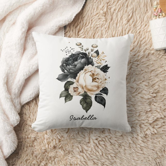 Anpassad söt akvarell svart blomma kudde (Filt)