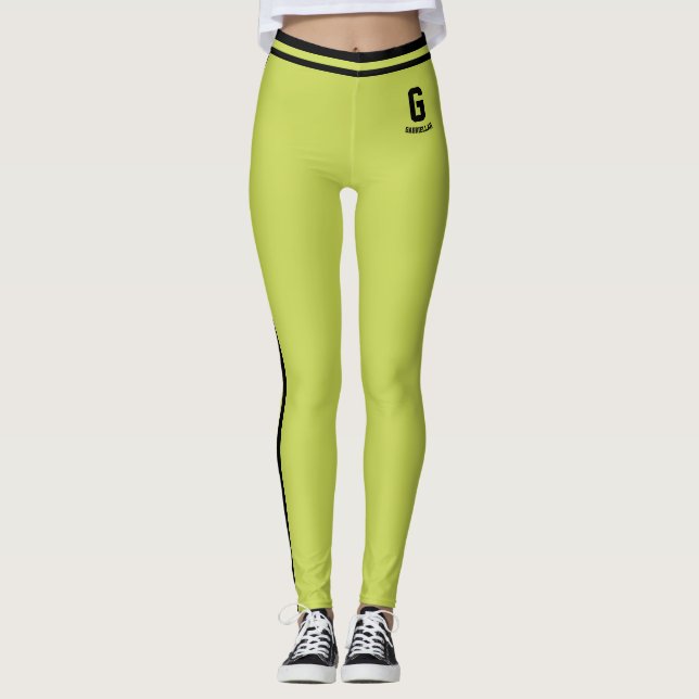 Anpassad söt äpplegrön svarta ränder monogram leggings (Framsida)