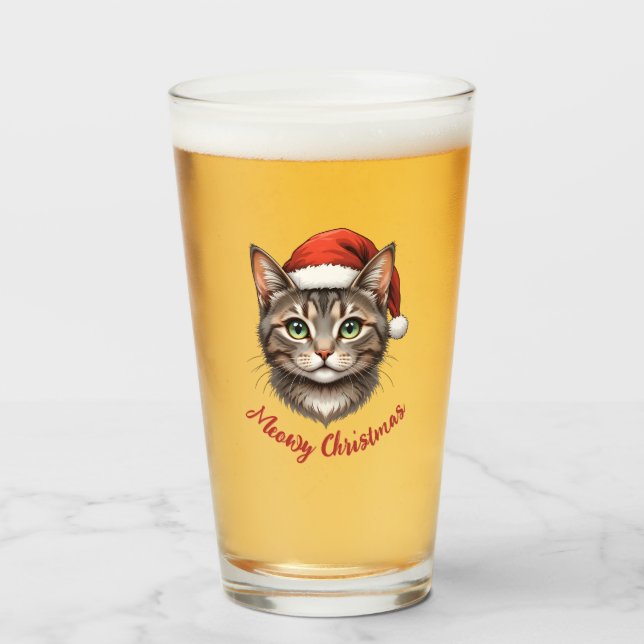 Anpassad söt festlig julkatt med tomtehatt glaskopp (Framsida fylld)