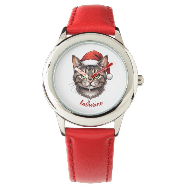 Anpassad söt julkatt med tomtehatt armbandsur (Framsida)