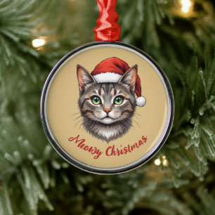 Anpassad söt julkatt med tomtehatt julgransprydnad metall