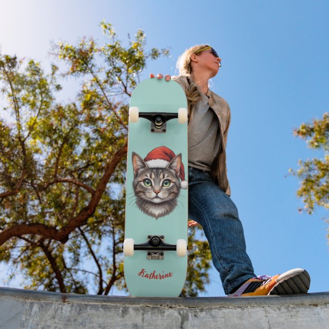 Anpassad söt julkatt med tomtehatt mini skateboard bräda 18,5 cm (Utomhus 1)