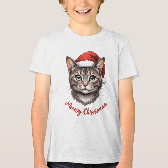 Anpassad söt julkatt med tomtehatt t shirt (Framsida)