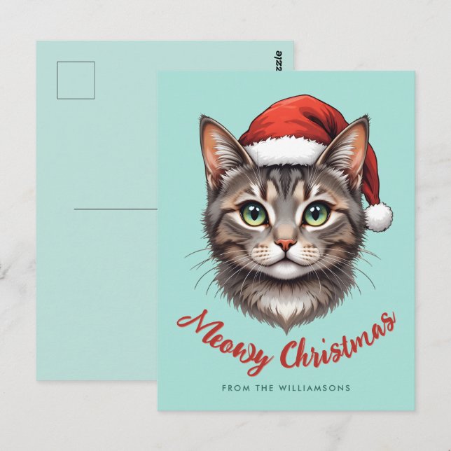 Anpassad söt julkatt med tomtehatt vykort (Fram/baksida)