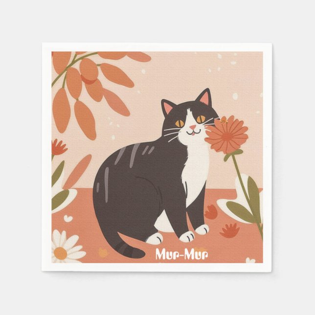 Anpassad söt lycklig katt med vårblommor  pappersservett (Framsidan)
