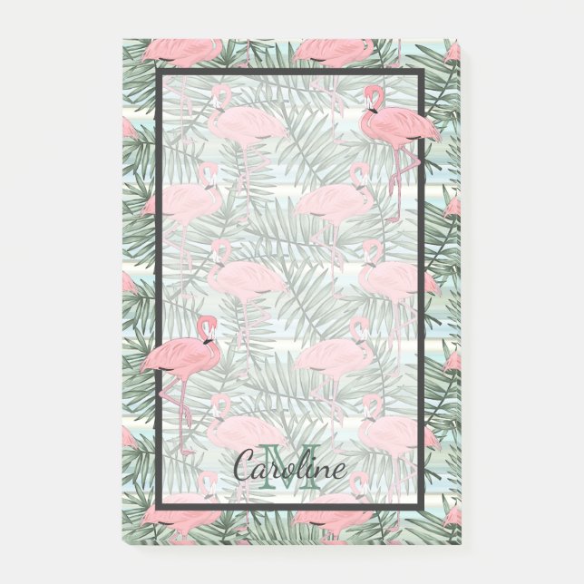 Anpassad söt rolig rosa flamingos palmbladsmönster post-it block (Framsida)