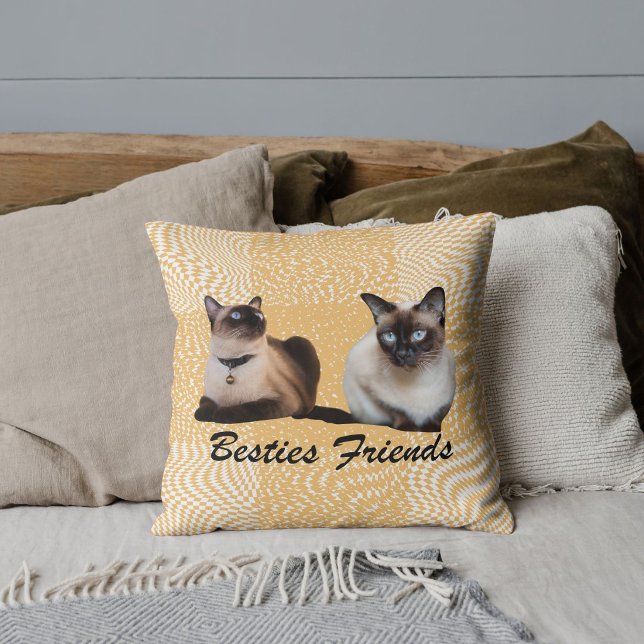 Anpassad söt siamesisk katt foto beige rutig  kudde (Skapare uppladdad)