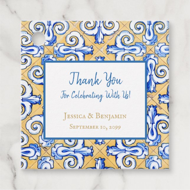 Anpassad spansk ruta Azulejo Blue,Gult,Vit Gåvor Etiketter (Framsida)