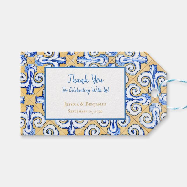 Anpassad spansk ruta Azulejo Blue,Gult,Vit Presentetikett (Framsidan (Horisontell))