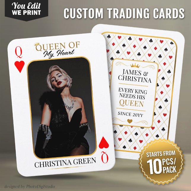 Anpassad spelkort, hjärter dam poker foto  placeringskort (Custom Trading Card, Queen of Hearts Poker Photo Place Card)