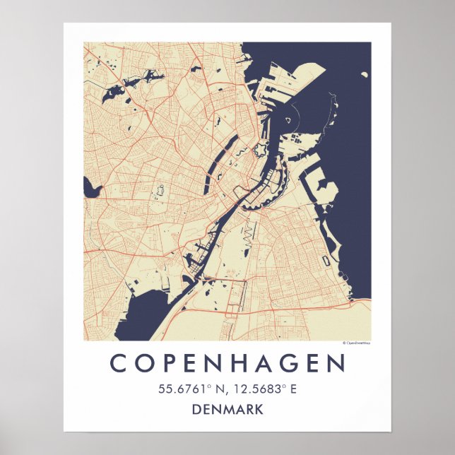 Anpassad stadskarta Köpenhamn Danmark Väggkonst Po (Framsidan)