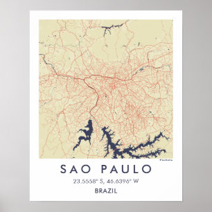 Anpassad stadskarta Sao Paulo Brasilien Väggkonsta Poster