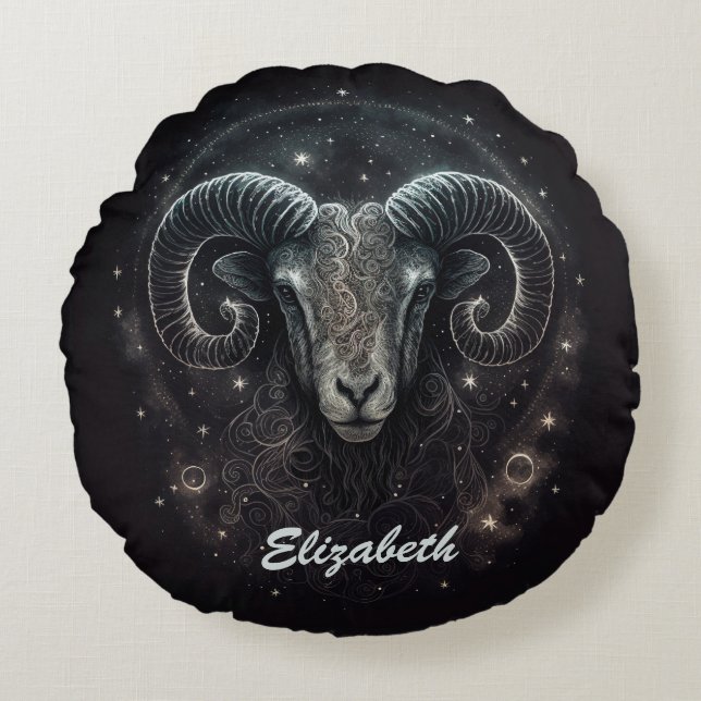 Anpassad Stenbock Zodiak-tecken Svart Rund Kudde (Framsidan)