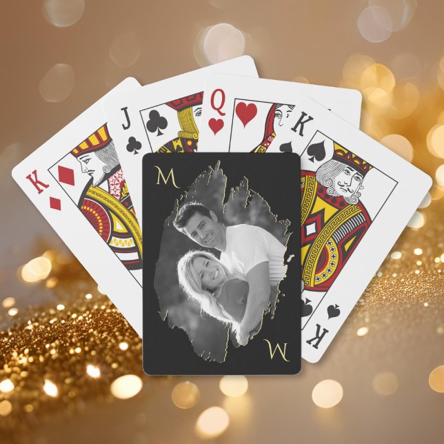 Anpassad Stilfull Unik Foto Guld Monogram Casinokort (Customized Stylish Unique Photo Gold Monogram Poker Cards)