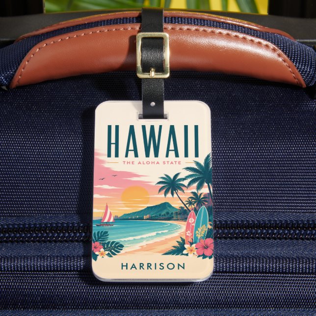 Anpassad strand Nostalgisk USA Hawaii Honolulu Sur Bagagebricka (Framsida Insitu 2)